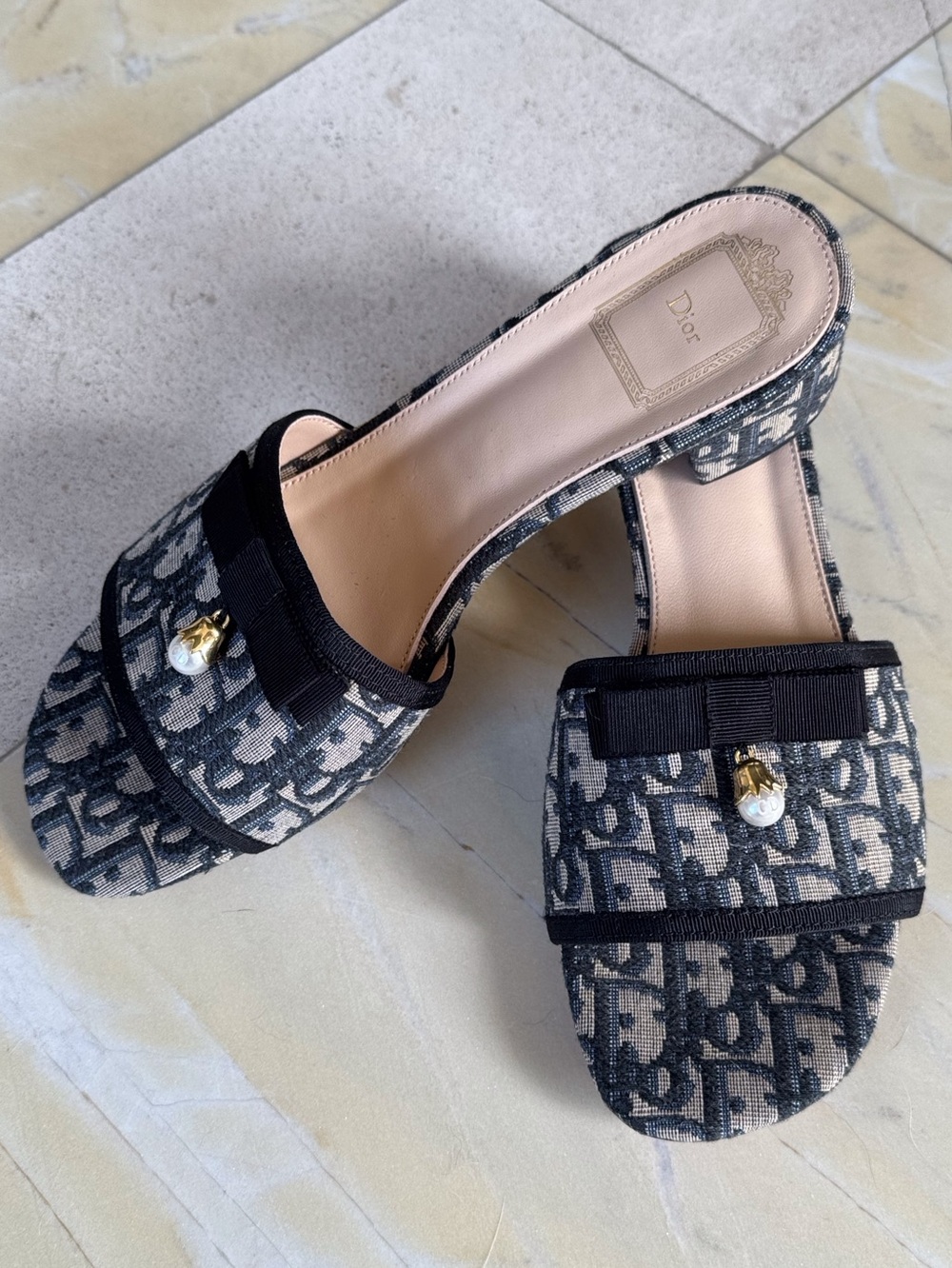 Dior Navy Logo Jacquard Slide Mules with Pearl Charm & Bow